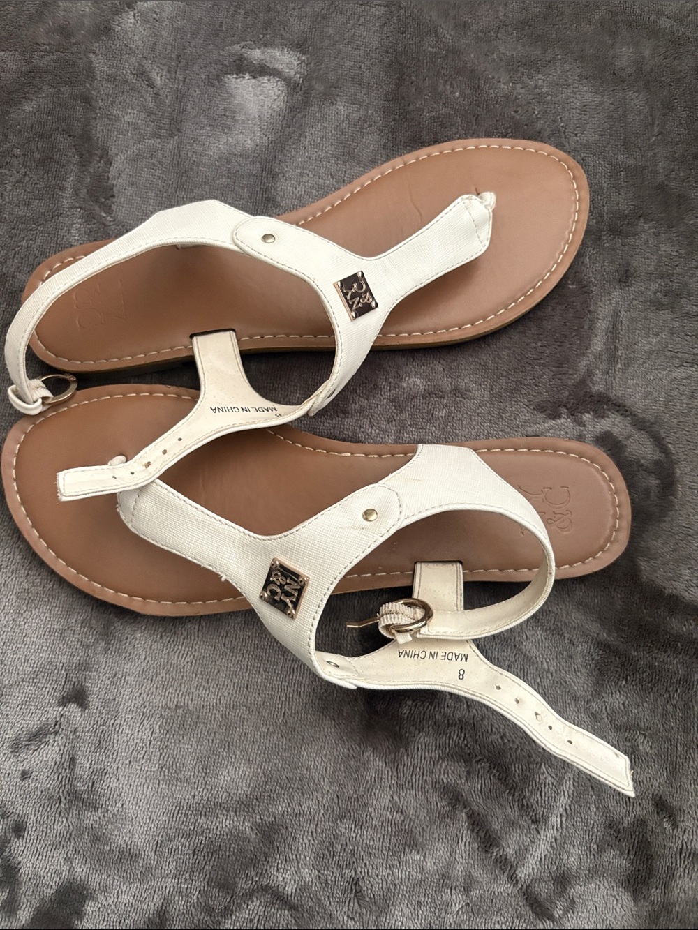 New York & Company White T-Strap Sandals with Tan Footbed